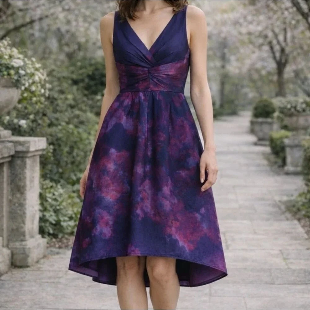 Lela Rose Purple Watercolor Satin Dress - Picture 2 of 6